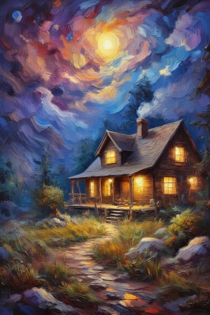 (impressionist painting:1.3), a cozy cottage sits surrounded by a desolate wilderness, there is a warm glow in the windows and whispy smoke rises from the chimney, a supernova blazes in the sky above, dark cosmic background, visible brushstrokes, masterpiece artwork, dynamic composition, beautiful lighting