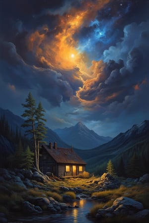 a cozy cottage sits surrounded by a desolate wilderness, there is a warm glow in the windows and whispy smoke rises from the chimney, a supernova blazes in the sky above, dark cosmic background, masterpiece artwork, dynamic composition, beautiful lighting, sharp focus, crisp quality, intricate detail, DonM3l3m3nt4lFX