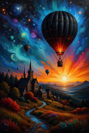 oil painting, black silhouette of one hot air balloon floating above a tranquil moonlit village while sparkling nebulae shimmer in the midnight sky above, visually striking and dynamic masterpiece artwork by rembrandt and bierstadt, intricate detail, dynamic composition, beautiful lighting, ilaian_maestro, donmp41n717bl4ckfx 