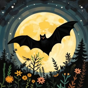 (Tove Jansson illustration Art:1.2), dark black silhouette of a bat flying in front of a huge full moon, masterpiece artwork, dynamic composition,