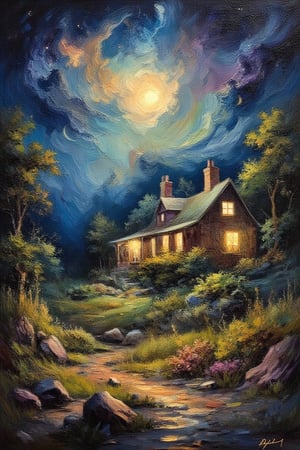 (impressionist painting:1.3), a cozy cottage sits surrounded by a desolate wilderness, there is a warm glow in the windows and whispy smoke rises from the chimney, a supernova blazes in the sky above, dark cosmic background, visible brushstrokes, masterpiece artwork, dynamic composition, beautiful lighting