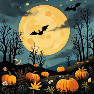 (Tove Jansson illustration Art:1.2), dark black silhouette of a bat flying in front of a huge full moon above a pumpkin patch, masterpiece artwork, dynamic composition,