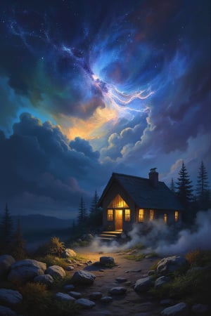 a cozy cottage sits surrounded by a desolate wilderness, there is a warm glow in the windows and whispy smoke rises from the chimney, a supernova blazes in the sky above, dark cosmic background, masterpiece artwork, dynamic composition, beautiful lighting, sharp focus, crisp quality, intricate detail, DonM3l3m3nt4lFX