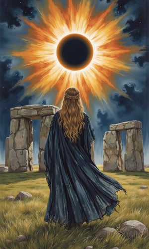 J. Barrick watercolor style painting of an ancient druid priestess at stonehenge in the eerie darkness of a total solar eclipse, masterpiece artwork, intricate detail, dynamic composition