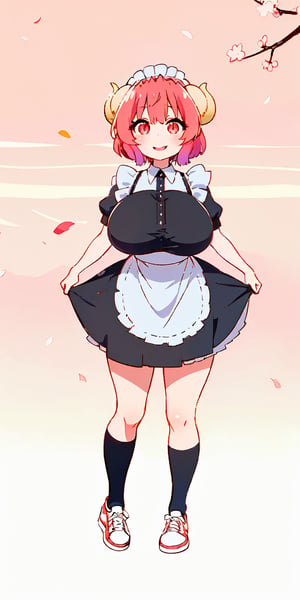 1girl, maid, maid headdress, maid apron, cherry blossoms, sunbeam,neckline,wallpaper,massive breast,big thighs,sparkling eyes,short maid dress,serving coffee,ilulu,dragon horns,showing off thighs,make up,red painted lips,maid socks,sneakers,cute smile,