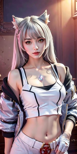 (Masterpiece, Top Quality, Best Quality, Official Art, Beauty & Aesthetics: 1.2), hdr, high contrast, wide angle lens, 1girl, bangs, looking at viewer, relaxed expression, pronounced brown eyes, long faded eyebrows, Soft makeup, gradient lips, big breasts, hourglass figure, long fingers, belly button, realistic illustration, (soothing tones: 1.3), (super detailed: 1.2), mio \(xenoblade\), animal ears, camisole, cat ears, cat girl, chest jewel, gem, gloves, jacket, shoulder strap, solo, tank top, upper body, white camisole, white gloves, white jacket, white tank top, yellow eyes, grey hair, long hair, very long hair,
