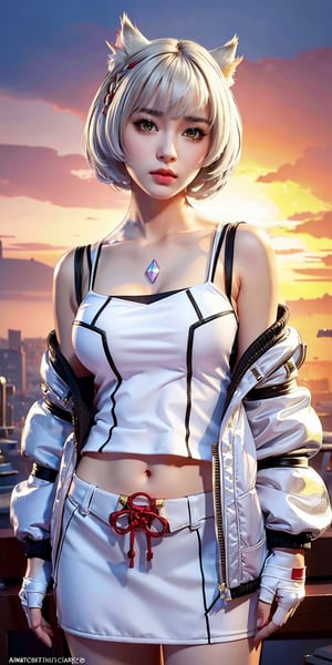 (Masterpiece, Top Quality, Best Quality, Official Art, Beauty & Aesthetics: 1.2), hdr, high contrast, wide angle lens, 1girl, bangs, looking at viewer, relaxed expression, pronounced brown eyes, long faded eyebrows, Soft makeup, gradient lips, big breasts, hourglass figure, long fingers, belly button, realistic illustration, (soothing tones: 1.3), (super detailed: 1.2), mio \(xenoblade\), animal ears, camisole, cat ears, cat girl, chest jewel, gem, gloves, jacket, shoulder strap, solo, tank top, upper body, white camisole, white gloves, white jacket, white tank top, yellow eyes, grey hair, short hair,
