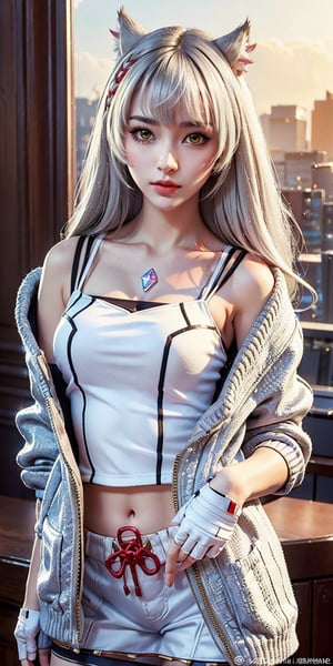(Masterpiece, Top Quality, Best Quality, Official Art, Beauty & Aesthetics: 1.2), hdr, high contrast, wide angle lens, 1girl, bangs, looking at viewer, relaxed expression, pronounced brown eyes, long faded eyebrows, Soft makeup, gradient lips, big breasts, hourglass figure, long fingers, belly button, realistic illustration, (soothing tones: 1.3), (super detailed: 1.2), mio \(xenoblade\), animal ears, camisole, cat ears, cat girl, chest jewel, gem, gloves, jacket, shoulder strap, solo, tank top, upper body, white camisole, white gloves, white jacket, white tank top, yellow eyes, grey hair, long hair, very long hair,
