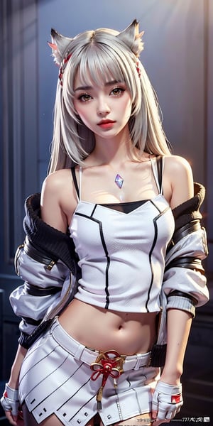 (Masterpiece, Top Quality, Best Quality, Official Art, Beauty & Aesthetics: 1.2), hdr, high contrast, wide angle lens, 1girl, bangs, looking at viewer, relaxed expression, pronounced brown eyes, long faded eyebrows, Soft makeup, gradient lips, big breasts, hourglass figure, long fingers, belly button, realistic illustration, (soothing tones: 1.3), (super detailed: 1.2), mio \(xenoblade\), 18 yo, animal ears, camisole, cat ears, cat girl, chest jewel, gem, gloves, jacket, shoulder strap, solo, tank top, upper body, white camisole, white gloves, white jacket, white tank top, yellow eyes, grey hair, long hair, very long hair,