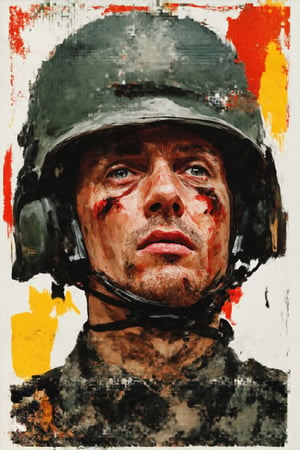 The painting is a silkscreen print on canvas that depicts a scene from a contemporary war. The image is a close-up of a soldier's face, who is in the midst of battle. The soldier's expression is one of pure terror, and his eyes are wide with fear. His face is covered in dirt and blood, and his uniform is torn and ragged. In the background, there is a blur of activity, as other soldiers fight and die. The overall impression of the painting is one of chaos and violence.

Additional Details

The soldier's face is the only recognizable object in the painting. The rest of the image is a blur of colors and shapes.
The colors in the painting are bright and garish, which adds to the sense of chaos and violence.
The painting is made up of many small dots of color, which is a characteristic of Warhol's silkscreen printing technique.
Interpretation

The painting can be interpreted in a number of ways. On one level, it can be seen as a commentary on the horrors of war. The soldier's terrified expression and the chaotic scene around him convey the brutality and senselessness of war.

On another level, the painting can be seen as a critique of the way that war is often portrayed in the media. The use of bright, garish colors and the blurring of the background figures make the scene seem unreal and dreamlike. This suggests that war is often sanitized and romanticized in the media, which can make it easier for people to accept and even glorify it.

Overall, the painting is a powerful and disturbing work of art that forces the viewer to confront the realities of war. It is a reminder of the human cost of conflict, and it challenges us to think critically about the way that war is represented in our society.

Additional Information

The painting is titled "War" and it was created by Andy Warhol in 1968. It is part of his series of silkscreen prints that depict scenes of violence and tragedy. The painting is now in the collection of the Museum of Modern Art in New York City.