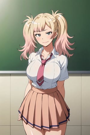   masterpiece, best quality, (colorful), yariko, 1girl, solo, long hair, breasts, blush, smile, large breasts, twintails, jewelry, school uniform, earrings, huge breasts,  ((best quality)), ((highly detailed)), masterpiece, ((official art)), detailed face, beautiful face, (detailed eyes, deep eyes), (cowboy shot), nobara kugisaki, brown eyes, (smirk), (hoop earrings), (confident), (collar), school_girl, classroom, necktie, skirt, (large breasts), ((narrow_waist)), (high-waist skirt:1.2), school uniform, shirt, pleated skirt, black necktie, blush, arms behind back, white shirt, shirt tucked in, cowboy shot, short sleeves, intricately detailed, hyperdetailed, blurry background, depth of field, best quality, masterpiece, intricate details, tonemapping, sharp focus, hyper detailed, trending on Artstation, 1 girl, high res, official art,