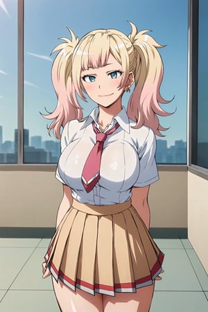   masterpiece, best quality, (colorful), yariko, 1girl, solo, long hair, breasts, blush, smile, large breasts, twintails, jewelry, school uniform, earrings, huge breasts,  ((best quality)), ((highly detailed)), masterpiece, ((official art)), detailed face, beautiful face, (detailed eyes, deep eyes), (cowboy shot),(smirk), (hoop earrings), (confident), (collar), school_girl, classroom, necktie, skirt, (huge breasts), ((narrow_waist)), (high-waist skirt:1.2), school uniform, shirt, pleated skirt, black necktie, blush, arms behind back, white shirt, shirt tucked in, cowboy shot, short sleeves, intricately detailed, hyperdetailed, blurry background, depth of field, best quality, masterpiece, intricate details, tonemapping, sharp focus, hyper detailed, trending on Artstation, 1 girl, high res, official art,