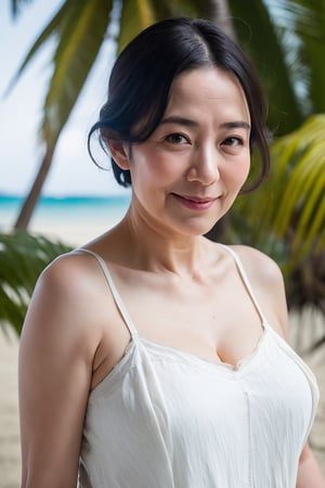 ( top-quality, masterpiece,photo realistic,ultra-detailed,uhd,Textured skin:1.2),(upper body:1.2),(japanese mature woman),no makeup,(45 years old),beautiful skin,natural eyeblow,natural hair style,detailed eyes,(white silk camisole),flat lighting,(tropical beach),smile,