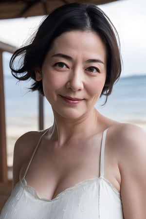 ( top-quality, masterpiece,photo realistic,ultra-detailed,uhd,Textured skin:1.2),(upper body:1.2),(japanese mature woman),no makeup,(45 years old),beautiful skin,natural eyeblow,natural hair style,detailed eyes,(white silk camisole),flat lighting,(tropical beach),smile,