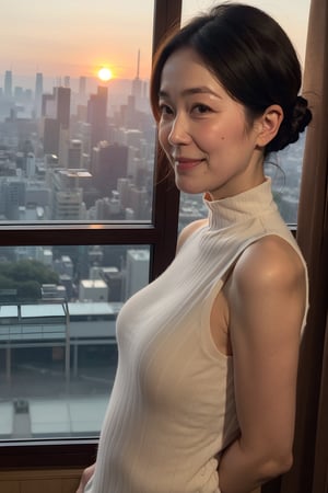 from side,(top-quality, masterpiece,photo realistic,ultra-detailed,Textured skin:1.2),(Anatomically correct),1 girl,
break ((wearing a sleeveless turtleneck sweater)),((small breasts)),saggy breasts,dooping breasts,
break (japanese mature woman),(48 years old),
break (Western-style luxury hotel),(Beautiful sunset view of Paris in the background),smile,