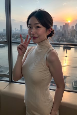 from side,(top-quality, masterpiece,photo realistic,ultra-detailed,Textured skin:1.2),(Anatomically correct),1 girl,
break ((wearing a sleeveless turtleneck sweater)),(small breasts),saggy breasts,dooping breasts,
break (japanese mature woman),(48 years old),
break (Western-style luxury hotel),(Beautiful sunset view of Paris in the background),natural eyeblow,smile,