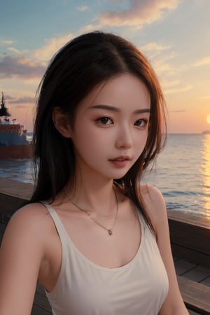 necklace, (((Masterpiece))) , 
,MagenFace, sunset, by the sea, ship, tank_top, portrait,photorealistic