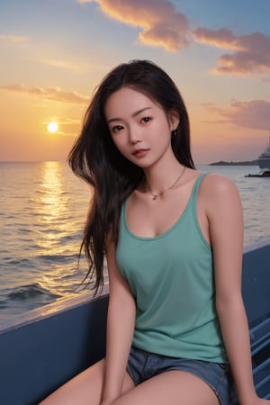 necklace, (((Masterpiece))) , 
,MagenFace, sunset, by the sea, ship, tank_top, portrait,photorealistic