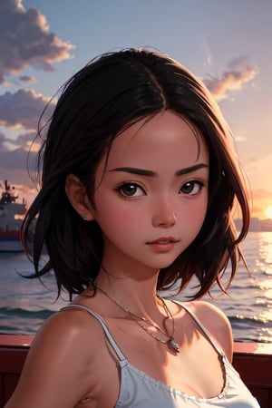 necklace, (((Masterpiece))) , 
,MagenFace, sunset, by the sea, ship, tank_top, portrait