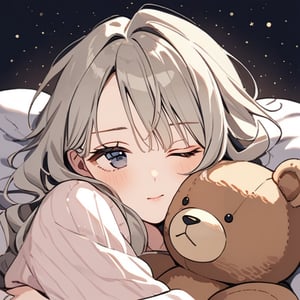 sleepy woman with eye bags, one eye closed, snuggling with teddy [mature] [30 years old]