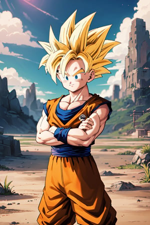 <gohan>
(asbsurdres, highres, best quality, masterpiece, outdoors, 1man, solo, gohan (dragon ball), smile),

<Clothes>
(goku suit)

<Pose>
(he is crossing his arms)