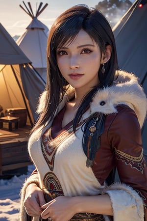 Exact Tifa Lockhart face, Realistic face of Tifa Lockhart, Winter Encampment: A Native American woman wrapped in a warm buffalo robe with sleeves, ((big dress in animal skin and fur: 1.2)), fur, in a fringed shawl, adorned with tribal patterns. The snowy landscape of her encampment, with smoke rising from a distant tipi, creates a scene of resilience and togetherness in the harsh winter environment, intense mascara, long eyelashes, professional photo, ((masterpiece)), dark red eyes, 1girl, solo, feminine charm, seductive aura, detailed face, detailed hair, detailed eyes, undeniable charisma, perfectly, fierce femininity, exquisite jewelry, Canon EOS 5D, ultra HD, grain film, ((three quarters of the body visible 1.2)),