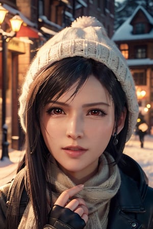 Exact Tifa Lockhart face, Realistic face of Tifa Lockhart, dressed with a winter coat, a woolen hat, a scarf, in a winter park, snow, having fun, ((masterpiece)), look at viewer, 1girl, solo, feminine charm, seductive aura, detailed face, detailed hair, detailed eyes, undeniable charisma, perfectly contoured lips, radiant complexion, fierce femininity, exquisite jewelry, striking contrast of colors, pleasure facial expression, Canon EOS 5D, ultra HD, upper body visible.