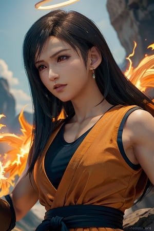 Exact Tifa Lockhart face, Realistic face of Tifa Lockhart,dressed with orange and blue Goku's kimono, solo, perfect body, realistic, imposing makeup, intense dark makeup, ((masterpiece)), dark red eyes, detailed face, detailed eyes, detailed hair, feminine charm, seductive aura, undeniable charisma, perfectly contoured lips, radiant complexion, fierce femininity, striking contrast of colors, Canon EOS 5D. ((Upper body visible:1.2)). Fight pose, canyon in background. ((Son Goku outfit :1.3)). Cosplay Son Goku, fighting position. surrounded by an ultra bright Super Sayan energy halo. hair in the wind. front shot