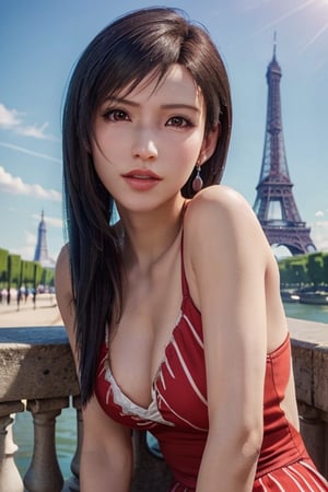 Exact Tifa Lockhart face, Realistic face of Tifa Lockhart, on vacation in Paris, ((dressed in a high crossed sundress 1.2)), Eiffel Tower in the background, having fun, Beautiful Sun, ((masterpiece)), 1girl, solo, feminine charm, seductive aura, detailed face, detailed hair, detailed eyes, undeniable charisma, perfectly contoured lips, radiant complexion, fierce femininity, exquisite jewelry, striking contrast of colors, pleasure facial expression, Canon EOS 5D, ultra HD, ((bare shoulders 1.2)), upper body visible.