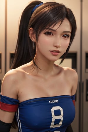 Exact Tifa Lockhart face, Realistic face of Tifa Lockhart, ((dressed with the official blue strapless sleeves Tshirt of the French football team 1.2)), in a football locker room, ((ponytail hairstyle 1.2)), having fun, ((masterpiece)), 1girl, solo, feminine charm, seductive aura, detailed face, detailed hair, detailed eyes, undeniable charisma, perfectly contoured lips, radiant complexion, fierce femininity, exquisite jewelry, striking contrast of colors, pleasure facial expression, Canon EOS 5D, ultra HD, upper body visible.