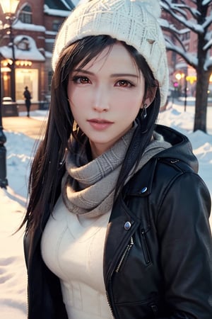 Exact Tifa Lockhart face, Realistic face of Tifa Lockhart, dressed with a winter coat, a woolen hat, a scarf, in a winter park, snow, having fun, ((masterpiece)), look at viewer, 1girl, solo, feminine charm, seductive aura, detailed face, detailed hair, detailed eyes, undeniable charisma, perfectly contoured lips, radiant complexion, fierce femininity, exquisite jewelry, striking contrast of colors, pleasure facial expression, Canon EOS 5D, ultra HD, upper body visible.