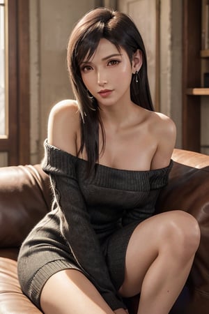 Exact Tifa Lockhart face, exactly looking like Tifa Lockhart, Realistic face of Tifa Lockhart, (short sweater dress: 1.2), (off the shoulders), (nose piercing), bare shoulders, sitting curled up on a sofa  with knees raised, in the room, solo, long hair, perfect body, earrings, black hair, looking at viewer, realistic, blurry, brown eyes, dark makeup, sexy position, ((masterpiece)), 1girl, solo , feminine charm, seductive aura, undeniable charisma, expressive eyes, subtle smoky eyes, perfectly contoured lips, radiant complexion, fierce femininity, exquisite jewelry, striking contrast of colors, ((comfortably relaxed at the bottom of the sofa:1.2)). leaning against the backrest