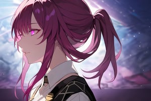 masterpiece, best quality,  1girl, kafka, honkai: star rail, purple hair, solo,  purple eyes, ponytail, profile, depth_of_field, glowing