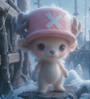 
((realistic style))


(chopper)A small, anthropomorphic reindeer standing on two legs, with light brown fur, a round blue nose, and expressive eyes. Wearing a pink hat with a white X, with small antlers poking through the top. His large eyes are filled with innocence, with soft, detailed fur and subtle light reflections on each hair. Short limbs and a gentle smile convey a sense of purity and kindness
Detailed fur texture that is soft and fluffy, with subtle light reflections on each strand, and slight shine on the fur tips, making it look realistic. The skin has a soft, textured feel with tiny pores, creating a lifelike skin texture for the character
The pink hat has fabric texture with slight wear and fine creases, giving it a sense of history as if it has been through many adventures. The antlers have a realistic texture, with tiny cracks and a natural sheen, enhancing the feeling of real material
Soft natural light coming from the side, creating layered shadows, with light penetrating the fur, adding depth and realism. The background is set on a pirate ship deck, showing wood with cracks and weathered marks, with tiny dust and scratches for added realism. The sea in the distance sparkles with gentle light reflections, giving the background a lived-in feel
A slight breeze stirs Chopper's fur, adding a natural, dynamic effect, making the character appear more lifelike
Ultra quality,Vivid,Denoise,Texture,Extreme quality,Ultra HD,4K.,4x upscale,UHD,Shruti denoise