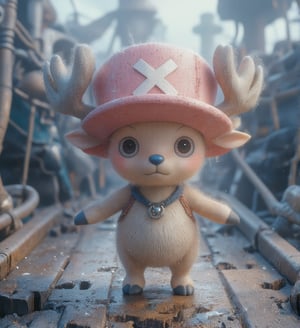 
((realistic style))


(chopper)A small, anthropomorphic reindeer standing on two legs, with light brown fur, a round blue nose, and expressive eyes. Wearing a pink hat with a white X, with small antlers poking through the top. His large eyes are filled with innocence, with soft, detailed fur and subtle light reflections on each hair. Short limbs and a gentle smile convey a sense of purity and kindness
Detailed fur texture that is soft and fluffy, with subtle light reflections on each strand, and slight shine on the fur tips, making it look realistic. The skin has a soft, textured feel with tiny pores, creating a lifelike skin texture for the character
The pink hat has fabric texture with slight wear and fine creases, giving it a sense of history as if it has been through many adventures. The antlers have a realistic texture, with tiny cracks and a natural sheen, enhancing the feeling of real material
Soft natural light coming from the side, creating layered shadows, with light penetrating the fur, adding depth and realism. The background is set on a pirate ship deck, showing wood with cracks and weathered marks, with tiny dust and scratches for added realism. The sea in the distance sparkles with gentle light reflections, giving the background a lived-in feel
A slight breeze stirs Chopper's fur, adding a natural, dynamic effect, making the character appear more lifelike
Ultra quality,Vivid,Denoise,Texture,Extreme quality,Ultra HD,4K.,4x upscale,UHD,Shruti denoise