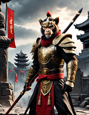  Sun Wukong, the Monkey King, clad in black armor and wielding his Ruyi Jingu Bang (Golden Cudgel), stands before the gate of an ancient city
Background he ancient city behind him is in ruins, with enemy
flags planted on the walls
Playful yet serious expression
Humanoid figure
Expressive facial features
Mystical aura
Iconic headband
Tail
Ancient city
Ultra-fine painting
Black armor
Red cloak
Fierce expression
Indomitable will
Invincible aura
Lonely guardian
Warring States, Three Kingdoms style
Aerial view
Ferocious face
Sharp eyes
Fluttering armor and cloak
Ruined ancient city
Desolate atmosphere
Central figure
Dark sky
Dark, gray, brown tones
3D Realistic Style
Highly detailed
4k, 8k, highres
Realistic, photorealistic, photo-realistic