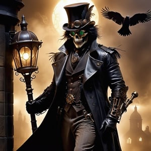 Imagine the Grim Reaper transformed into a Steampunk icon. He dons a dark, leather trench coat adorned with brass gears and intricate clockwork designs. His eyes glint from behind a pair of vintage, round goggles, their lenses tinted a haunting shade of green. On his head rests a tall, brown top hat decorated with feathers and small mechanical contraptions that whir softly. He wields a staff, its handle fashioned from polished wood, topped with a raven skull encased in a brass frame. A complex array of gears and pipes snake around his skeletal frame, hissing steam and glowing faintly in the dim, gas-lit ambiance. The backdrop is a misty, cobblestone alleyway, lined with old brick buildings and cast-iron lampposts. Ravens, mechanical and real, perch on the ledges, their eyes glimmering with an eerie intelligence. The entire scene is bathed in a sepia tone, evoking a sense of both ancient mystery and futuristic wonder.,LegendDarkFantasy