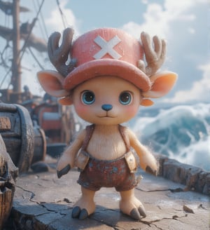 
((realistic style))


(chopper)A small, anthropomorphic reindeer standing on two legs, with light brown fur, a round blue nose, and expressive eyes. Wearing a pink hat with a white X, with small antlers poking through the top. His large eyes are filled with innocence, with soft, detailed fur and subtle light reflections on each hair. Short limbs and a gentle smile convey a sense of purity and kindness
Detailed fur texture that is soft and fluffy, with subtle light reflections on each strand, and slight shine on the fur tips, making it look realistic. The skin has a soft, textured feel with tiny pores, creating a lifelike skin texture for the character
The pink hat has fabric texture with slight wear and fine creases, giving it a sense of history as if it has been through many adventures. The antlers have a realistic texture, with tiny cracks and a natural sheen, enhancing the feeling of real material
Soft natural light coming from the side, creating layered shadows, with light penetrating the fur, adding depth and realism. The background is set on a pirate ship deck, showing wood with cracks and weathered marks, with tiny dust and scratches for added realism. The sea in the distance sparkles with gentle light reflections, giving the background a lived-in feel
A slight breeze stirs Chopper's fur, adding a natural, dynamic effect, making the character appear more lifelike
Ultra quality,Vivid,Denoise,Texture,Extreme quality,Ultra HD,4K.,4x upscale,UHD,Shruti denoise