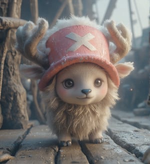 
((realistic style))


(chopper)A small, anthropomorphic reindeer standing on two legs, with light brown fur, a round blue nose, and expressive eyes. Wearing a pink hat with a white X, with small antlers poking through the top. His large eyes are filled with innocence, with soft, detailed fur and subtle light reflections on each hair. Short limbs and a gentle smile convey a sense of purity and kindness
Detailed fur texture that is soft and fluffy, with subtle light reflections on each strand, and slight shine on the fur tips, making it look realistic. The skin has a soft, textured feel with tiny pores, creating a lifelike skin texture for the character
The pink hat has fabric texture with slight wear and fine creases, giving it a sense of history as if it has been through many adventures. The antlers have a realistic texture, with tiny cracks and a natural sheen, enhancing the feeling of real material
Soft natural light coming from the side, creating layered shadows, with light penetrating the fur, adding depth and realism. The background is set on a pirate ship deck, showing wood with cracks and weathered marks, with tiny dust and scratches for added realism. The sea in the distance sparkles with gentle light reflections, giving the background a lived-in feel
A slight breeze stirs Chopper's fur, adding a natural, dynamic effect, making the character appear more lifelike
Ultra quality,Vivid,Denoise,Texture,Extreme quality,Ultra HD,4K.,4x upscale,UHD,Shruti denoise