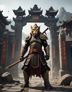 Sun Wukong, the Monkey King, clad in black armor and wielding his Ruyi Jingu Bang (Golden Cudgel), stands before the gate of an ancient city The ancient city behind him is in ruins, with enemy flags planted on the walls 
In front of him are hundreds of demons and monsters, their faces twisted with rage, brandishing various weapons as they close in on Sun Wukong