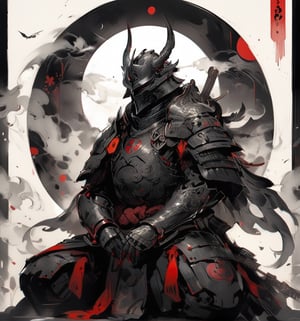 darth vader, weapon, armor,  japanese armor, helmet,  samurai, shoulder armor, moon, sheath, horns, gauntlets, sheathed, mask, standing, kusazuri, kabuto \(helmet\), pauldrons, death star, full armor, fake horns, (sitting, indian style:1.2), masterpiece, best quality, aesthetic, chinese ink painting, 