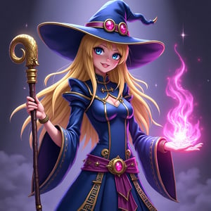 A hyper-realistic, lifelike human depiction of Dark Magician Girl from Yu-Gi-Oh!. She has natural, flowing golden blonde hair with realistic texture and depth, and bright, captivating blue eyes with detailed highlights and reflections. Her skin has a soft, realistic texture with subtle shading and natural pores. She wears a tight-fitting, blue and purple sorceress outfit with intricate gold and pink details that reflect a realistic fabric texture. The pointed hat features a unique spiral design and looks tangible, as if crafted from real material. She holds a magical staff with realistic metal and gemstone details in golden and purple accents. The character is surrounded by a pink-purple magical aura with soft, glowing light and realistic energy flow. The base shows deep blue mystical symbols that resemble ancient runes, and the background is a dark, mysterious purple sky with realistic lighting effects. Her expression is confident with a playful smile, capturing subtle emotions that add to her lifelike quality. The style is ultra-realistic, capturing every aspect of her costume, hairstyle, eyes, pose, and magical effects with the precision of a high-definition photo, making her appear as a real person in the physical world