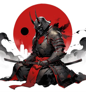 darth vader, weapon, armor,  japanese armor, helmet,  samurai, shoulder armor, moon, sheath, horns, gauntlets, sheathed, mask, standing, kusazuri, kabuto \(helmet\), pauldrons, death star, full armor, fake horns, (sitting, indian style:1.2), masterpiece, best quality, aesthetic, chinese ink painting, 