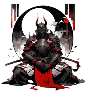 darth vader, weapon, armor,  japanese armor, helmet,  samurai, shoulder armor, moon, sheath, horns, gauntlets, sheathed, mask, standing, kusazuri, kabuto \(helmet\), pauldrons, death star, full armor, fake horns, (sitting, indian style:1.2), masterpiece, best quality, aesthetic, chinese ink painting, 