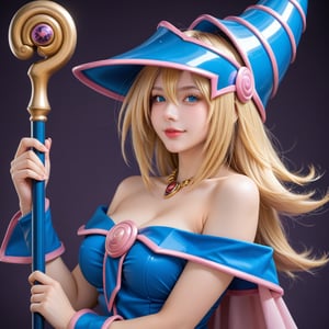 A hyper-realistic depiction of a woman with flowing golden blonde hair, bright blue eyes, and lifelike skin texture with natural pores. She wears a tight blue and purple sorceress outfit with gold and pink details, a pointed hat with a spiral design, and holds a magical staff adorned with gold and purple gemstones. Surrounded by a soft pink-purple magical aura and set against a dark purple sky with ancient runes on the base. Her expression is confident with a playful smile, and the style captures high-definition realism in every detail,dark_magician_girl,score_9, score_8_up, score_7_up,source_real,real skin, BREAK Dark Magician Girl.