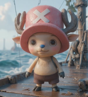 
((realistic style))


(chopper)A small, anthropomorphic reindeer standing on two legs, with light brown fur, a round blue nose, and expressive eyes. Wearing a pink hat with a white X, with small antlers poking through the top. His large eyes are filled with innocence, with soft, detailed fur and subtle light reflections on each hair. Short limbs and a gentle smile convey a sense of purity and kindness
Detailed fur texture that is soft and fluffy, with subtle light reflections on each strand, and slight shine on the fur tips, making it look realistic. The skin has a soft, textured feel with tiny pores, creating a lifelike skin texture for the character
The pink hat has fabric texture with slight wear and fine creases, giving it a sense of history as if it has been through many adventures. The antlers have a realistic texture, with tiny cracks and a natural sheen, enhancing the feeling of real material
Soft natural light coming from the side, creating layered shadows, with light penetrating the fur, adding depth and realism. The background is set on a pirate ship deck, showing wood with cracks and weathered marks, with tiny dust and scratches for added realism. The sea in the distance sparkles with gentle light reflections, giving the background a lived-in feel
A slight breeze stirs Chopper's fur, adding a natural, dynamic effect, making the character appear more lifelike
Ultra quality,Vivid,Denoise,Texture,Extreme quality,Ultra HD,4K.,4x upscale,UHD,Shruti denoise