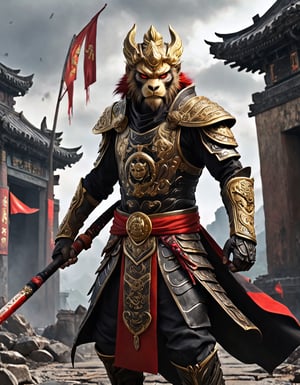  Sun Wukong, the Monkey King, clad in black armor and wielding his Ruyi Jingu Bang (Golden Cudgel), stands before the gate of an ancient city
Background he ancient city behind him is in ruins, with enemy
flags planted on the walls
Playful yet serious expression
Humanoid figure
Expressive facial features
Mystical aura
Iconic headband
Tail
Ancient city
Ultra-fine painting
Black armor
Red cloak
Fierce expression
Indomitable will
Invincible aura
Lonely guardian
Warring States, Three Kingdoms style
Aerial view
Ferocious face
Sharp eyes
Fluttering armor and cloak
Ruined ancient city
Desolate atmosphere
Central figure
Dark sky
Dark, gray, brown tones
3D Realistic Style
Highly detailed
4k, 8k, highres
Realistic, photorealistic, photo-realistic