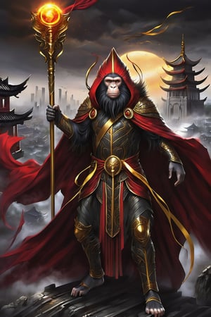 a man  Mythical hero Monkey-like features Playful yet serious expression Humanoid figure Expressive facial features Mystical aura Iconic headband Tail  
Ancient city Ultra-fine painting
Black armor
Red cloak
Fierce expression
Yellow metal staff
Indomitable will
Invincible aura
Lonely guardian
Warring States, Three Kingdoms style
Aerial view
Ferocious face
Sharp eyes
Fluttering armor and cloak
Ruined ancient city
Desolate atmosphere
Central figure
Dark sky
Dark, gray, brown tones Red and gold highlights


3D Realistic Style Highly detailed 4k, 8k, highres: 4K, 8K
Realistic, photorealistic, photo-realistic, in the style of esao andrews,DonM3lv3nM4g1cXL,LegendDarkFantasy