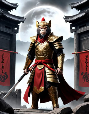  Sun Wukong, the Monkey King, clad in black armor and wielding his Ruyi Jingu Bang (Golden Cudgel), stands before the gate of an ancient city
Background he ancient city behind him is in ruins, with enemy
flags planted on the walls
Playful yet serious expression
Humanoid figure
Expressive facial features
Mystical aura
Iconic headband
Tail
Ancient city
Ultra-fine painting
Black armor
Red cloak
Fierce expression
Indomitable will
Invincible aura
Lonely guardian
Warring States, Three Kingdoms style
Aerial view
Ferocious face
Sharp eyes
Fluttering armor and cloak
Ruined ancient city
Desolate atmosphere
Central figure
Dark sky
Dark, gray, brown tones
3D Realistic Style
Highly detailed
4k, 8k, highres
Realistic, photorealistic, photo-realistic