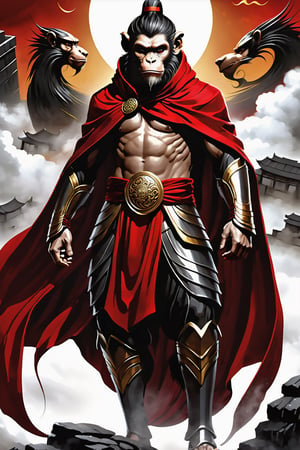 a man  Mythical hero Monkey-like features Playful yet serious expression Humanoid figure Expressive facial features Mystical aura Iconic headband Tail  
Ancient city Ultra-fine painting
Black armor
Red cloak
Fierce expression
Indomitable will
Invincible aura
Lonely guardian
Warring States, Three Kingdoms style
Aerial view
Ferocious face
Sharp eyes
Fluttering armor and cloak
Ruined ancient city
Desolate atmosphere
Central figure
Dark sky
Dark, gray, brown tones Red and gold highlights


3D Realistic Style Highly detailed 4k, 8k, highres: 4K, 8K
Realistic, photorealistic, photo-realistic, in the style of esao andrews,DonM3lv3nM4g1cXL,LegendDarkFantasy,more detail XL